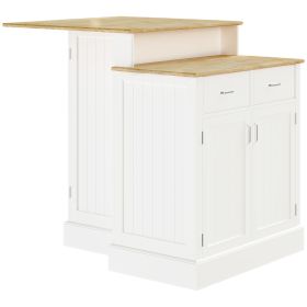 Kitchen Island with Storage Cabinet and 2-Level Rubber Wood Tabletop, Island Table with Adjustable Shelves and Drawers, White